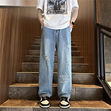 k705-p48-控68M-5XL现货oversizecleanfit风黄泥牛仔裤破洞，男装牛仔裤，星座116