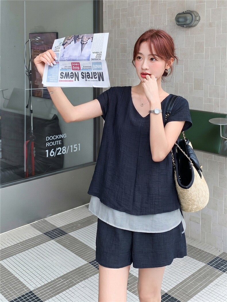 时尚潮流休闲运动纯色两件套2026年夏季轻薄撞色宽松型,女装套装/套裙,秀美人生