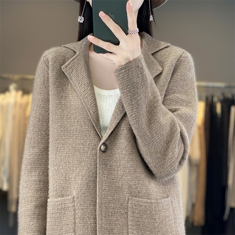 优雅气质时尚西装领羊毛开衫外套，女装羊毛衫，凯思米羊绒