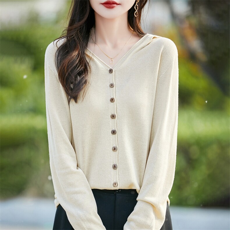 微透连帽针织开衫女长袖防晒衣2025新款无缝休闲天丝薄短外套上衣,女装T恤,暖烁羊绒