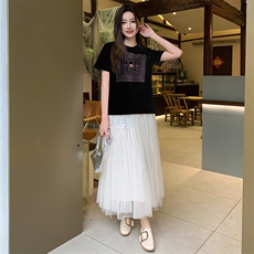 依拉米精品欧货宽松韩版拼接圆领蝙蝠袖t恤女几何印花设计感上衣，女装T恤，鑫慧