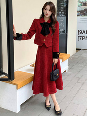 2025年冬季新款简约气质撞色拼接粗花呢小香风加棉套裙，女装套装/套裙，心心服饰