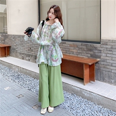 【档口】露肩绿色碎花上衣阔腿裤套装2C158-6010-P165-K238，女装套装/套裙，2C158