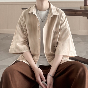 条纹复古日系夏季五分袖ins痞帅外套男装衬衫B225-C6065-P65-X85图片