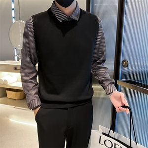 衬衫领休闲假两件毛衣男士春秋条纹针织衫新款轻熟风线衣 Q336图片
