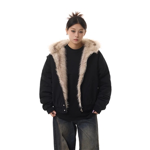 现货高品质美式高街冬季重磅硬挺短款座山雕毛领棉衣男女加厚外套图片
