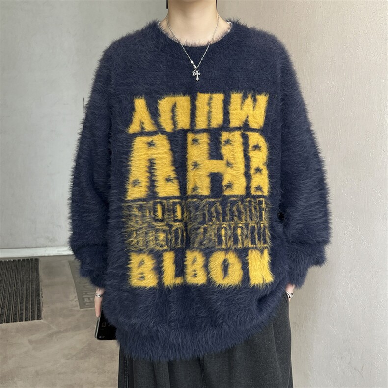 秋款男圆领套头毛衣加厚水洗貂毛字母印花针织衫线衣M6526P62,男装针织衫/毛衣,星座1013-1