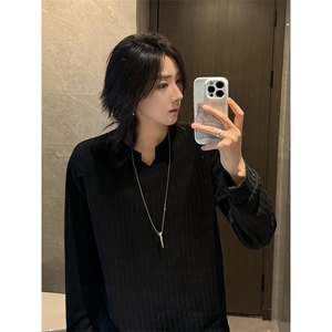 美式高街千鸟格子长袖T恤男女亨利V领英伦雅痞休闲宽松长袖打底衫图片