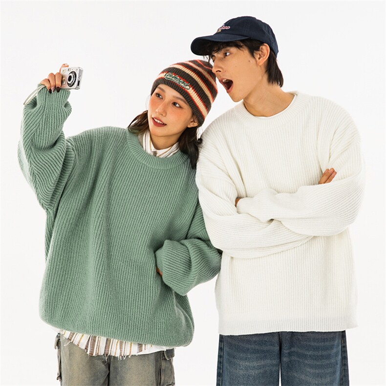 粗针毛衣男女情侣秋冬圆领重磅百搭日系针织衫外套K4092-P45控68图片