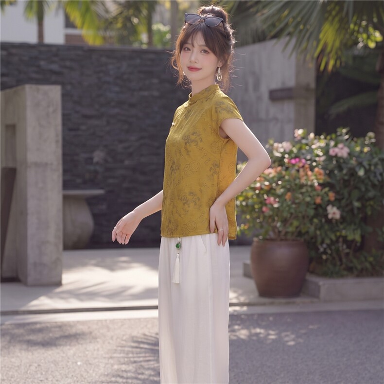 2026年夏季休闲风女优雅淑女通勤日常G风印花压皱新中式两件套,女装套装/套裙,曼琳思菲