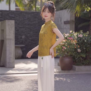 2026年夏季休闲风女优雅淑女通勤日常G风印花压皱新中式两件套图片
