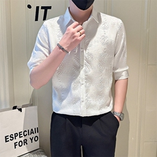 店主风社会小伙男士褶皱花泡七分袖衬衫男衬衣301A-1/CS569/P55，男装衬衫，星座301A-1