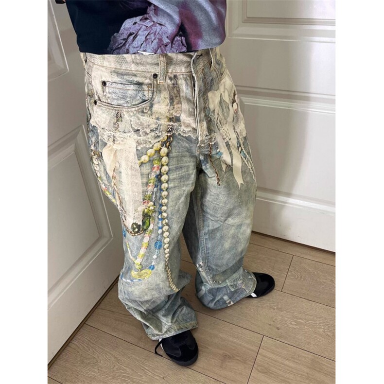 覆古蕾丝珍珠炼条印花牛仔裤男款高街宽松直筒阔腿裤子 NG202图片
