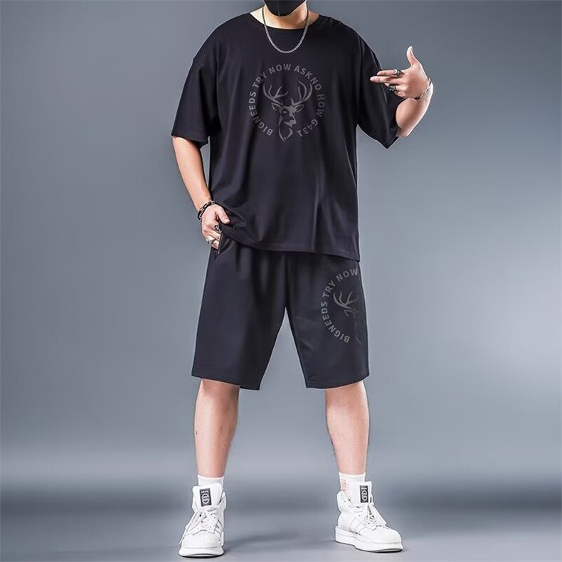 大码短袖套装男加肥加大春夏季胖子半袖t恤七分裤肥佬宽松两件套,男装牛仔裤,星座1210-1