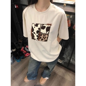 H0541-P35刺绣贴绒豹纹  美式宽松短袖t恤女图片