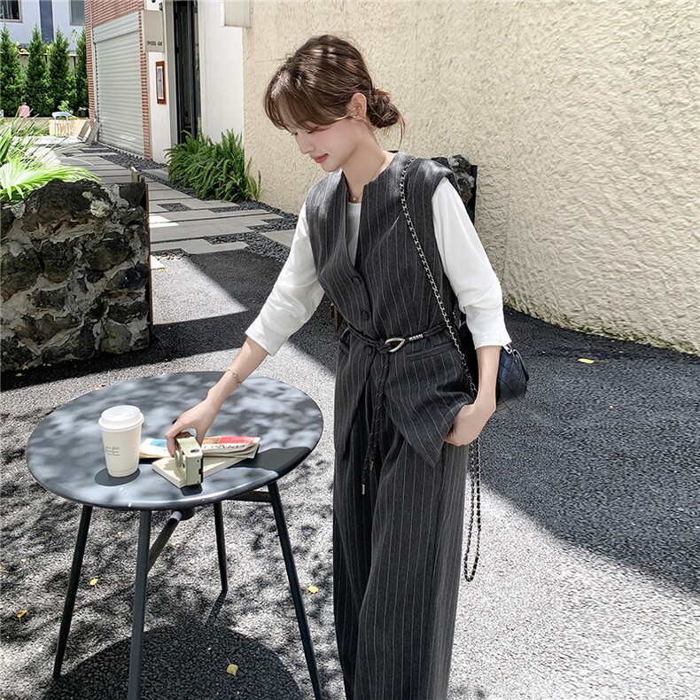 灰色条纹西装马甲套装裤2025新款女秋老钱风好韩系chic别致三件套,女装套装/套裙,2C262