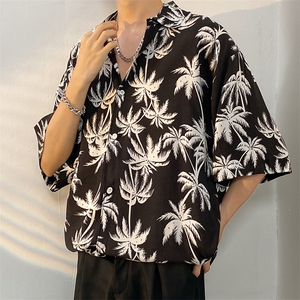 夏季冰丝花衬衫男海边沙滩短袖男潮流ins宽松花衬衣CS801-P35图片