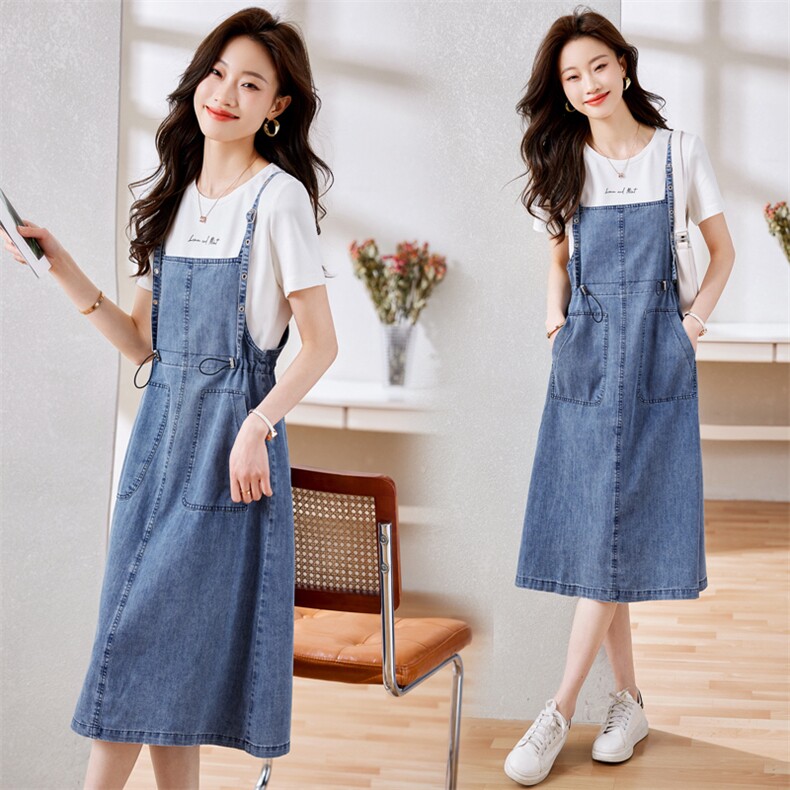 夏季牛仔背带裙女中长款连衣裙2025新款收腰显瘦韩版时尚，女装连衣裙，歌伊格美