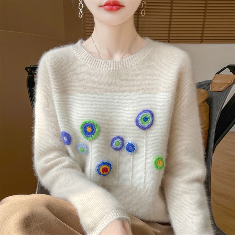 时尚百搭七针加厚圆领小花刺绣钩花女士羊毛衫,女装羊毛衫,暖娇绒