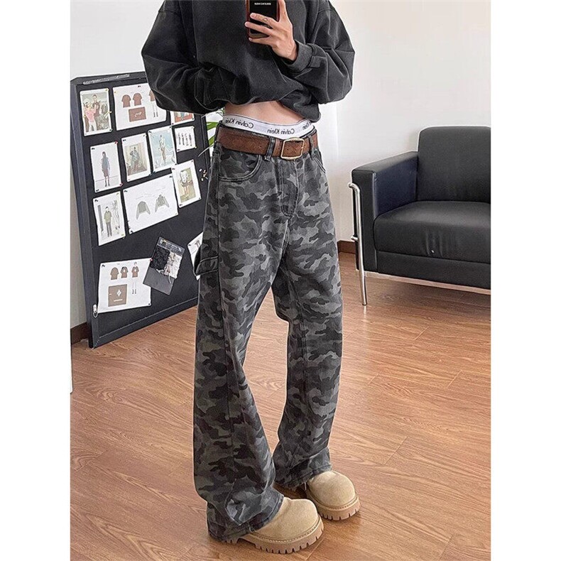 复古迷彩阔腿牛仔裤男弯刀伐木裤宽松工装直筒长裤子KB0093，男装休闲裤，星座1116A（原606A-3）
