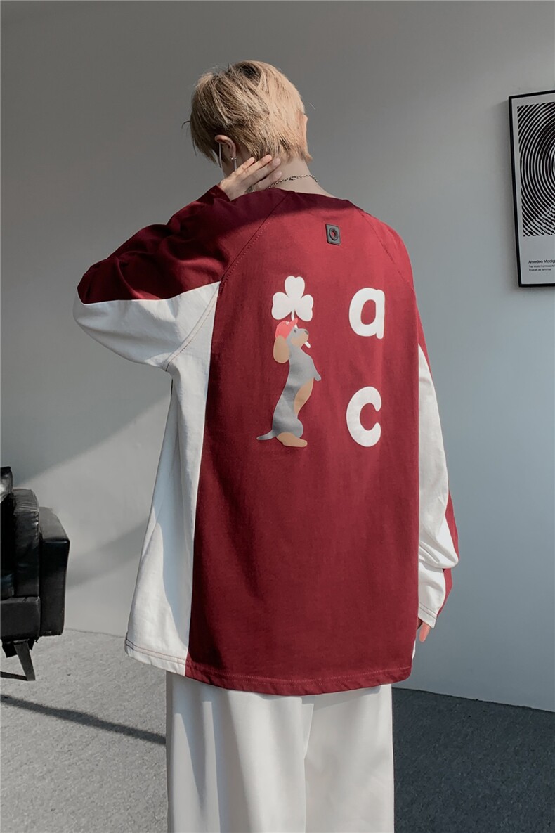 6XL-M美式潮牌印花长袖t恤男拼接撞色卫衣男上衣服CX3009-特P48,男装T恤,电商D206-1