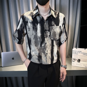 小伙宽松冰丝垂感衬衫男度假风短袖复古花衬衣A236--P50图片