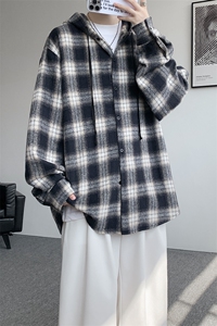 S-3XL 色织格纹连帽衬衫男宽松美复古磨毛黑白格子外套CS535P48特图片