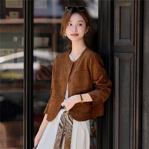 麂皮外套女圆领气质短款长袖上衣2026年秋季合身正肩夹克带口袋图片