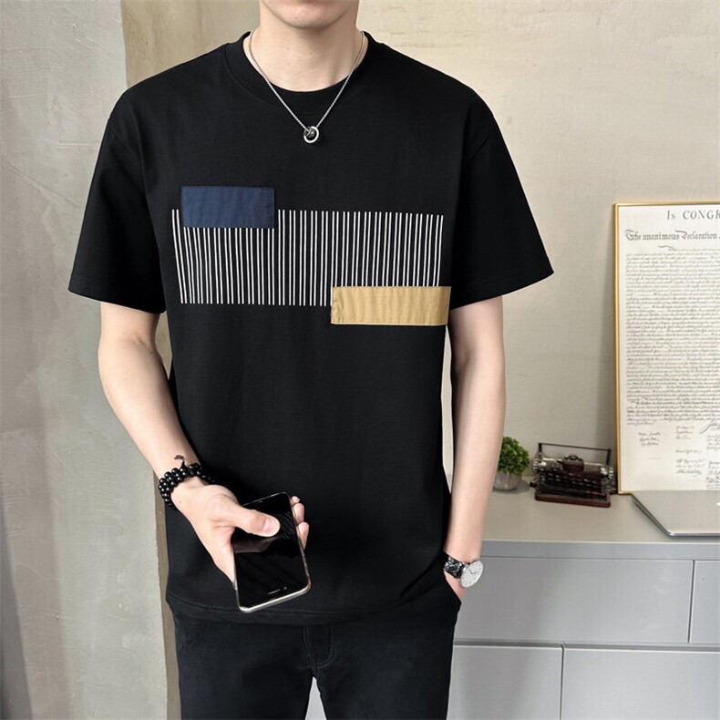 圆领短袖t恤男微宽松拼接时尚半袖T恤潮流A329-T161-P48图片