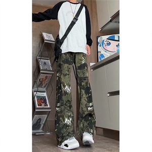 W9788-P43网图现货蛇纹迷彩工装牛仔裤潮牌痞帅美式直筒微喇裤