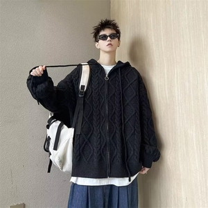 秋冬加厚慵懒风休闲情侣针织衫男女外套连帽开衫毛衣 M5710图片