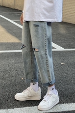 主推kz11夏季港风浅色破洞牛仔裤男宽松潮流百搭九分裤子F64，男装牛仔裤，星座1008
