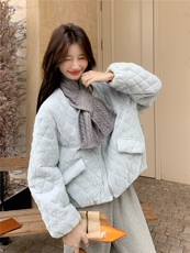 90羽绒服女2025冬新款女装时尚减龄围巾设计感丝绒菱形格保暖外套，女装羽绒服，慧尚依恋