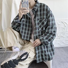 21秋新款港风ins长袖格子衬衫学生衬衣小清新外套男中性H210/P45，男装衬衫，钱塘713