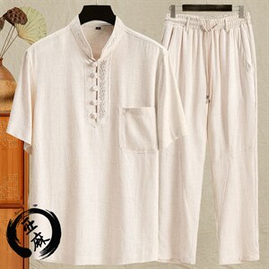 男士唐装中式盘扣短袖衬衫风立体刺绣T恤套装526+1665-P115，男装民族服装，星座1105-3