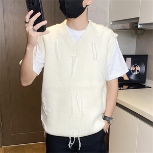 M715-特P48宽松流苏针织衫男士潮牌V领无袖毛衣马甲帅气休闲线衣图片