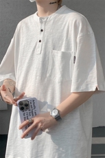 8XL-M亨利领亚麻短袖t恤男弹力大码宽松半袖开衩设计体恤DT002P45，男装T恤，电商B312