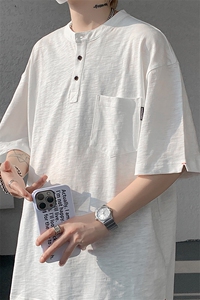 8XL-M亨利领亚麻短袖t恤男弹力大码宽松半袖开衩设计体恤DT002P45图片