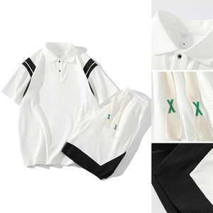 夏季主推大码港风情侣冰丝拼接POLO衫短袖五分裤套装男S17P65图片