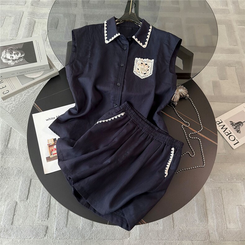 欧货时尚气质减龄套装女夏款遮肉显瘦刺绣无袖衬衫阔腿短裤两件套，女装套装/套裙，江南