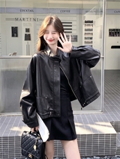 现货短款皮衣外套女春秋新款宽松显瘦洋气百搭休闲夹克上衣，女装皮衣，诺蝶