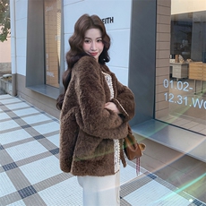 咖色皮毛一体羊羔毛外套女冬季2025新款韩版高级感毛绒短款棉衣，女装毛呢外套，2C120