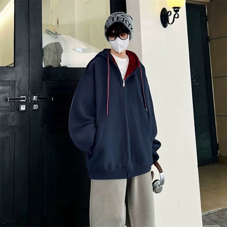 抖音得物二开美式高街重磅结构双层撞色连帽卫衣开衫外套W116,男装卫衣,电商A486