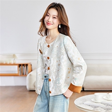 2026年春季民族风新中式圆领碎花撞色拼接外套，女装短外套，简韵佳