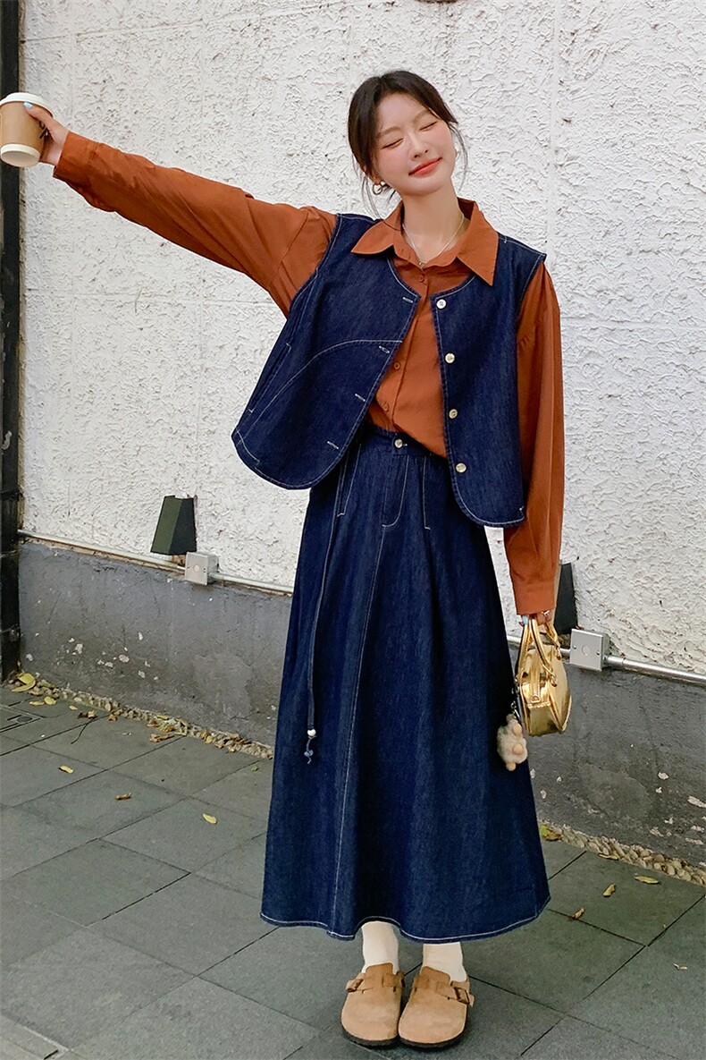 【首-发新款】复古牛仔马甲套装裙衬衫三件套212-1829-P165-K225,女装套装/套裙,浙宝285（原212）