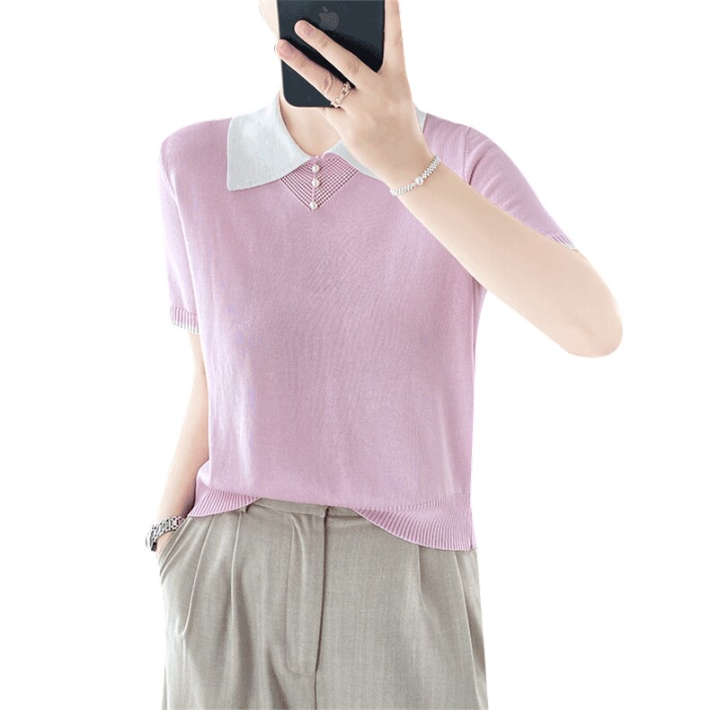 翻领冰丝短袖针织衫女夏季薄款设计感钉珠拼色POLO衫T恤打底上衣,针织衫/毛衣,暖姿羊绒