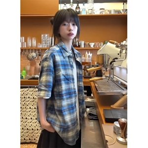 网图 蓝色格纹衬衫款短袖夏季设计格子衬衣cleanfit外套FC352-P38图片