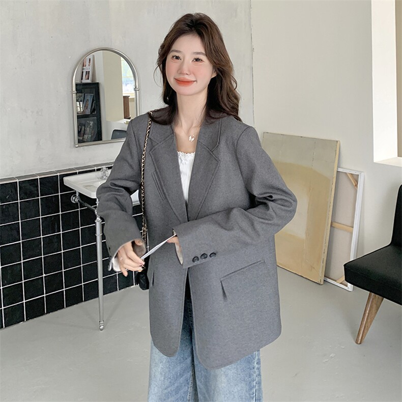 灰色休闲西装外套女2025春季新款韩系高级感宽松显瘦通勤时尚西服,女装西装,秋水欣儿