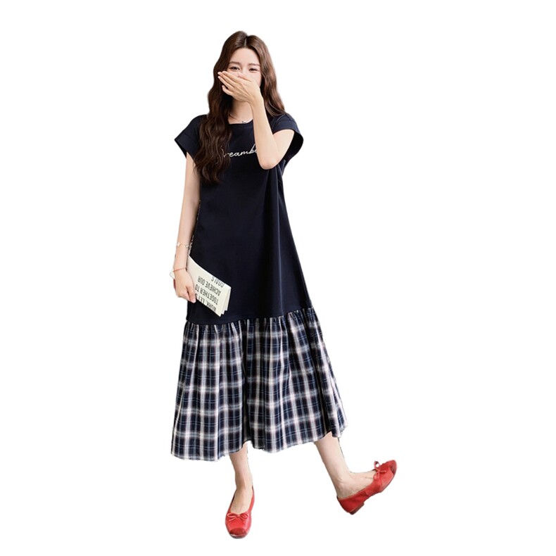 时尚减龄裙摆格纹拼接长裙女2025年夏季浪漫设计感洋气日系连衣裙,女装连衣裙,2C279