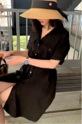 DG897夏季新款2021港风翻领收腰气质显瘦双口袋天丝连衣,女装,L·H·X